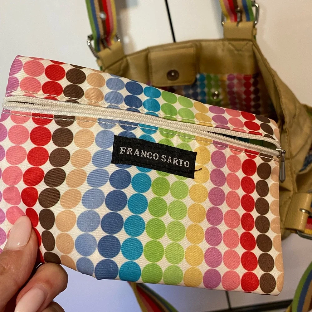 Franco Sarto Tan Bag with Rainbow Straps & festive interior with lots of pockets